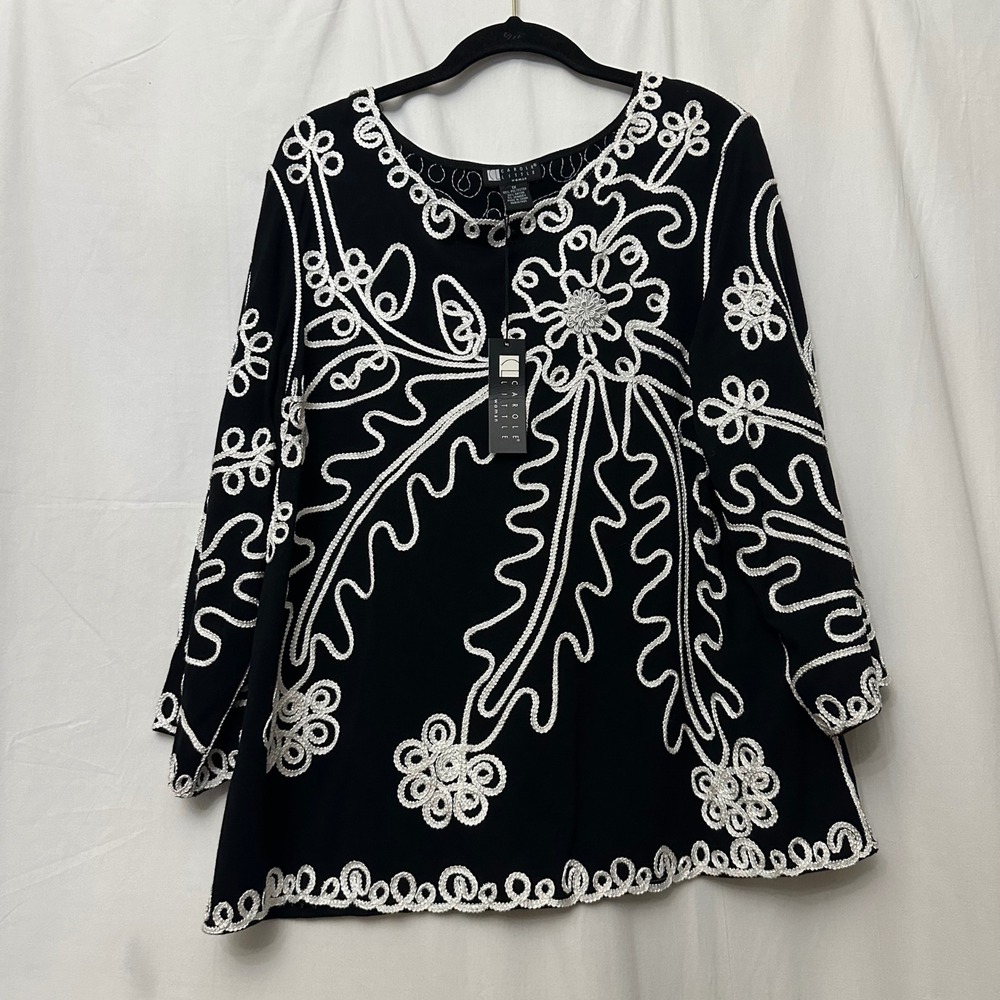 Carole Little Woman Black White Soutache Embroidered Blouse Top 1X New